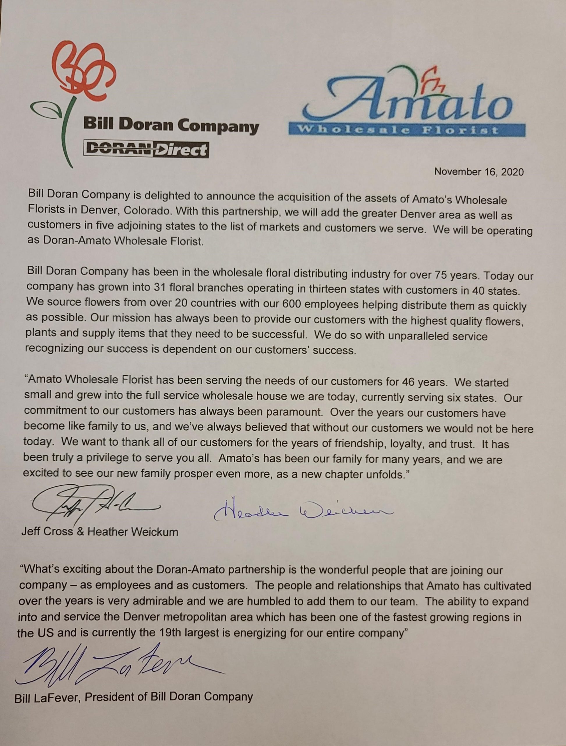 Topic: Bill Doran Company buys Amato Wholesale of Colorado